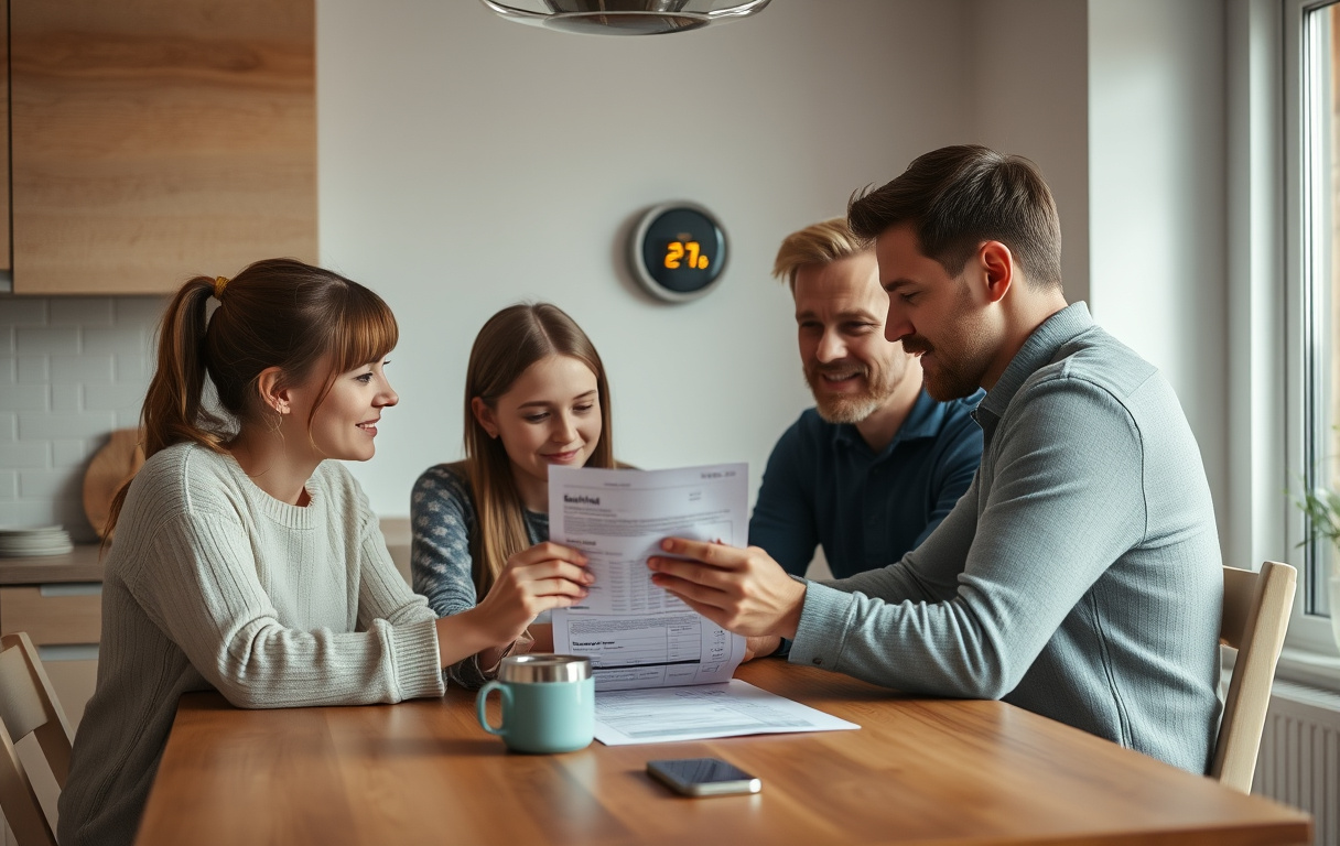 Familj som tittar på elräkning i kök med digital elmätare på väggen.