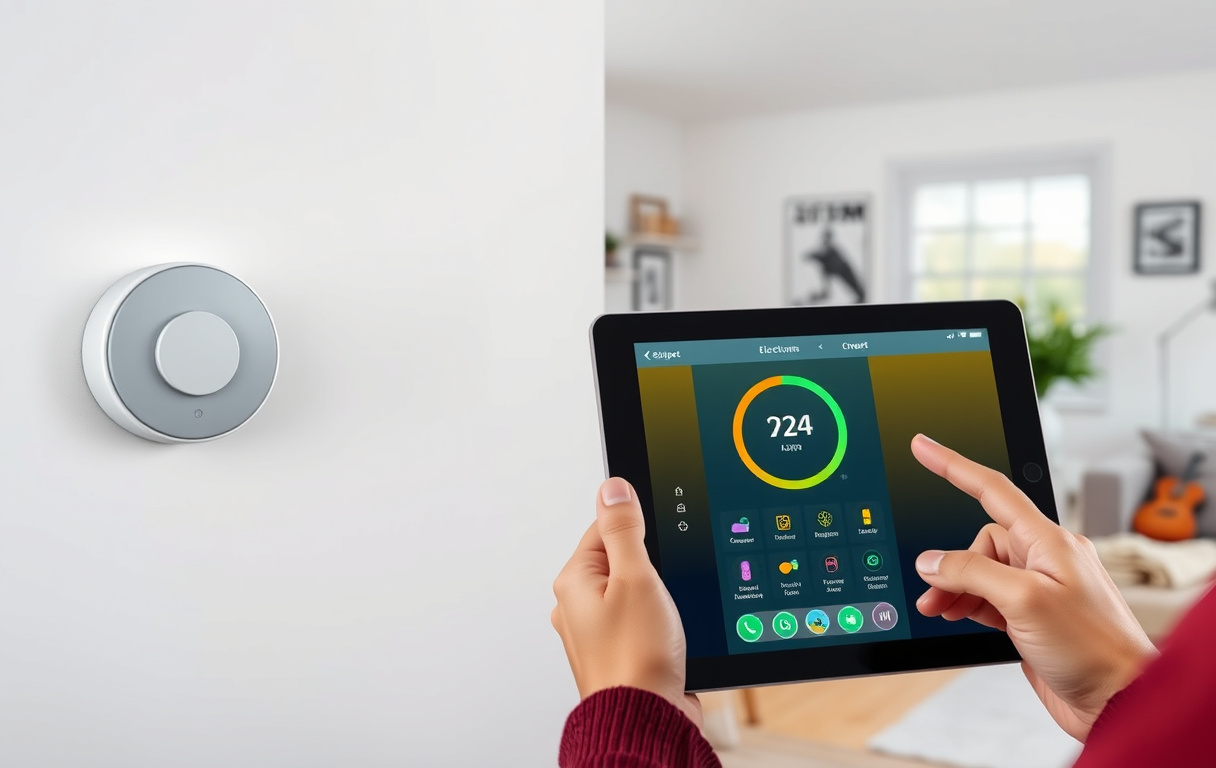 Modern svensk bostad med smart elmätare och person som använder en app för att följa elförbrukningen