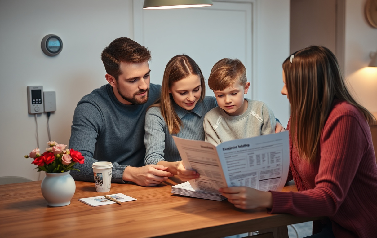 Familj som studerar elräkning vid köksbord med elmätare på väggen