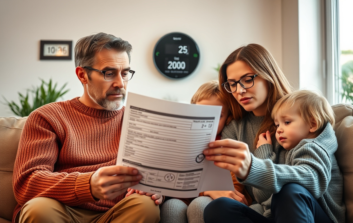 Familj som tittar på elräkning med en elmätare i bakgrunden.