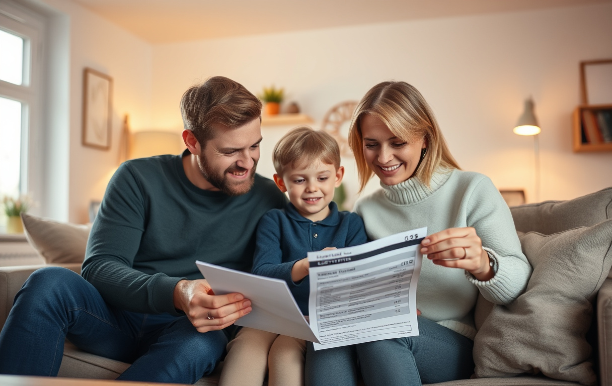 En familj i ett vardagsrum tittar på en elräkning med fast prisavtal, mysig hemmamiljö.