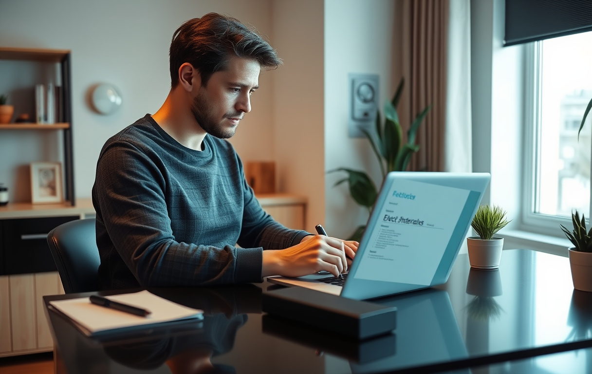 Person som tecknar elavtal på laptop med elmätare i bakgrunden.