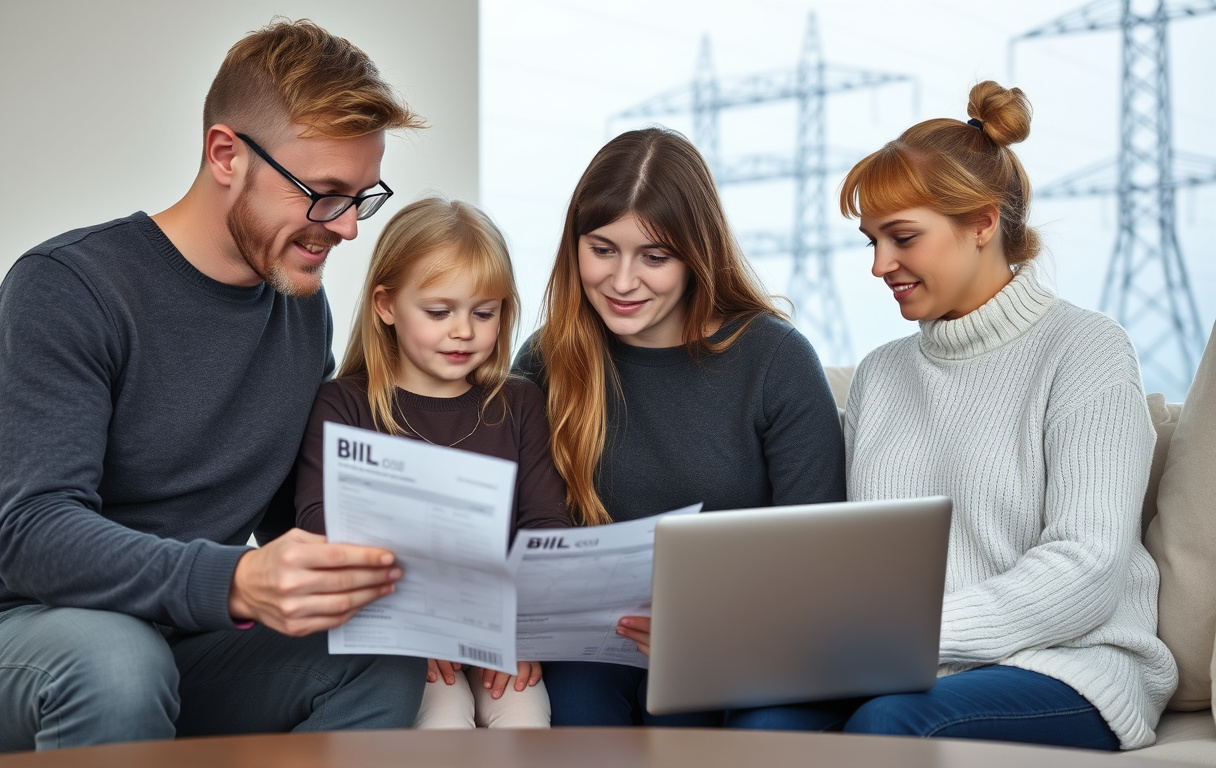 Swedish family reviewing an electricity bill and comparing offers on a laptop, with power lines visible outside.