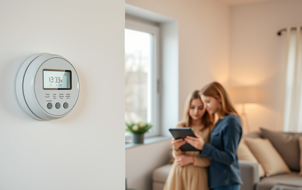 Modern svensk bostad med digital elmätare som visar kWh-värde och familj som tittar på elräkning på surfplatta.