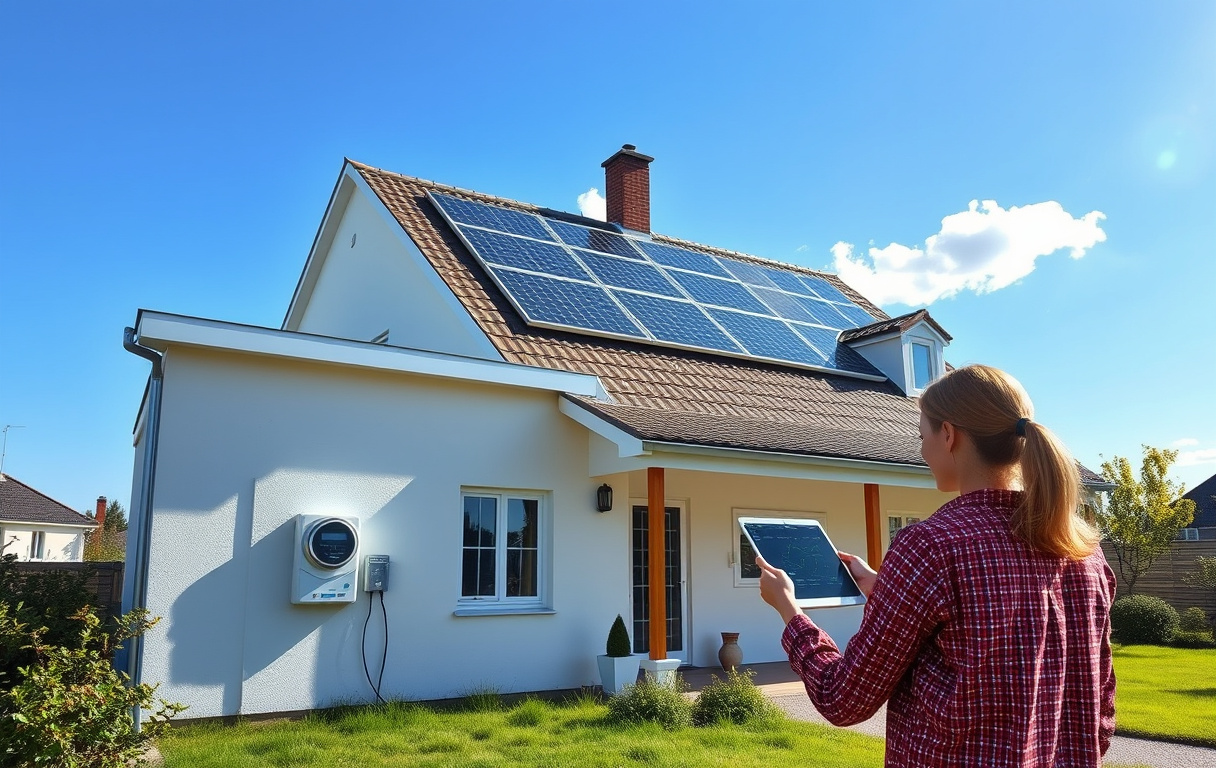 Villa med solpaneler på taket och en person som läser av elproduktion på en surfplatta.