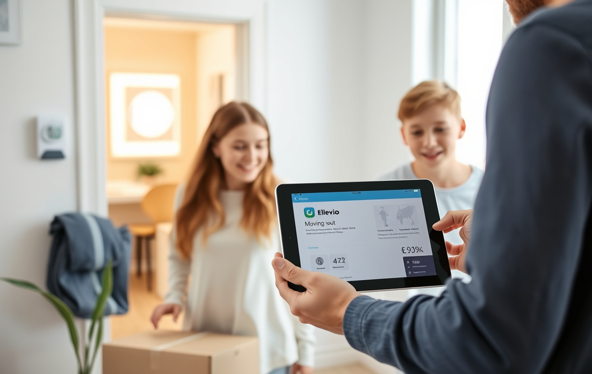 Familj som flyttar och gör digital flyttanmälan för elavtal med Ellevio via surfplatta, med elmätare i bakgrunden.