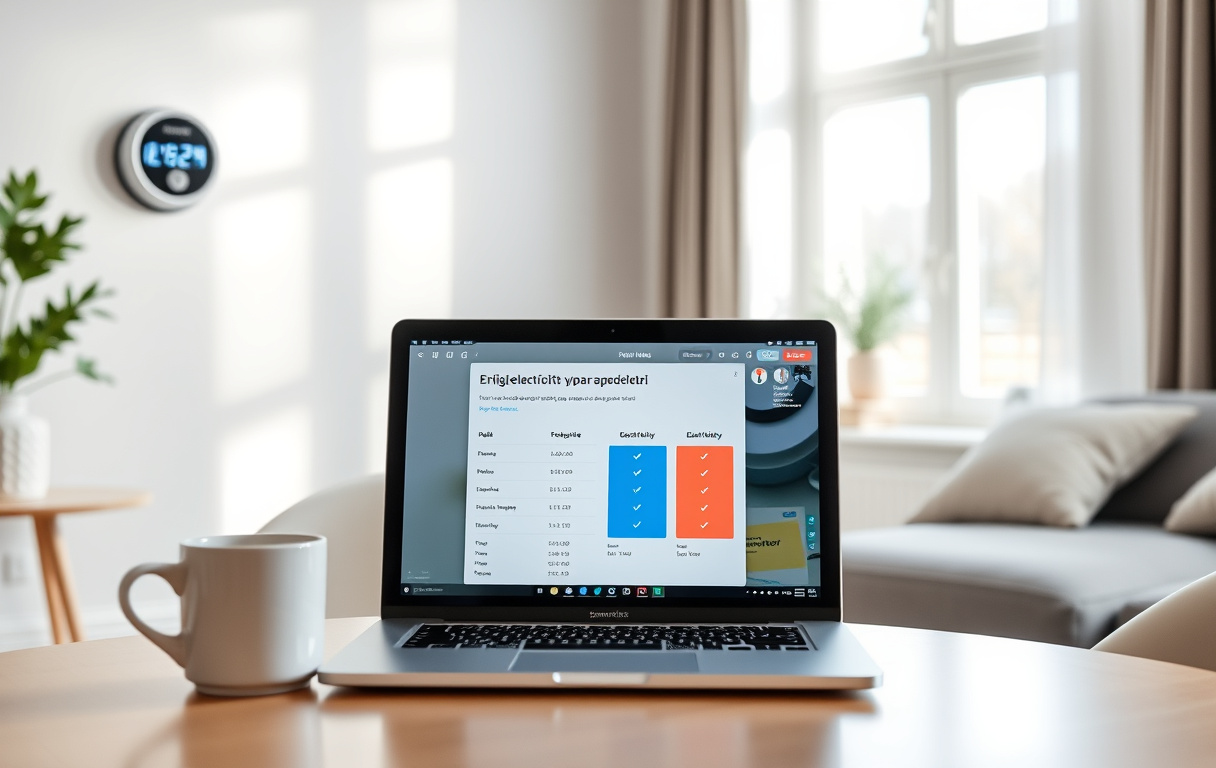 Vardagsrum med elmätare och laptop för att teckna elavtal