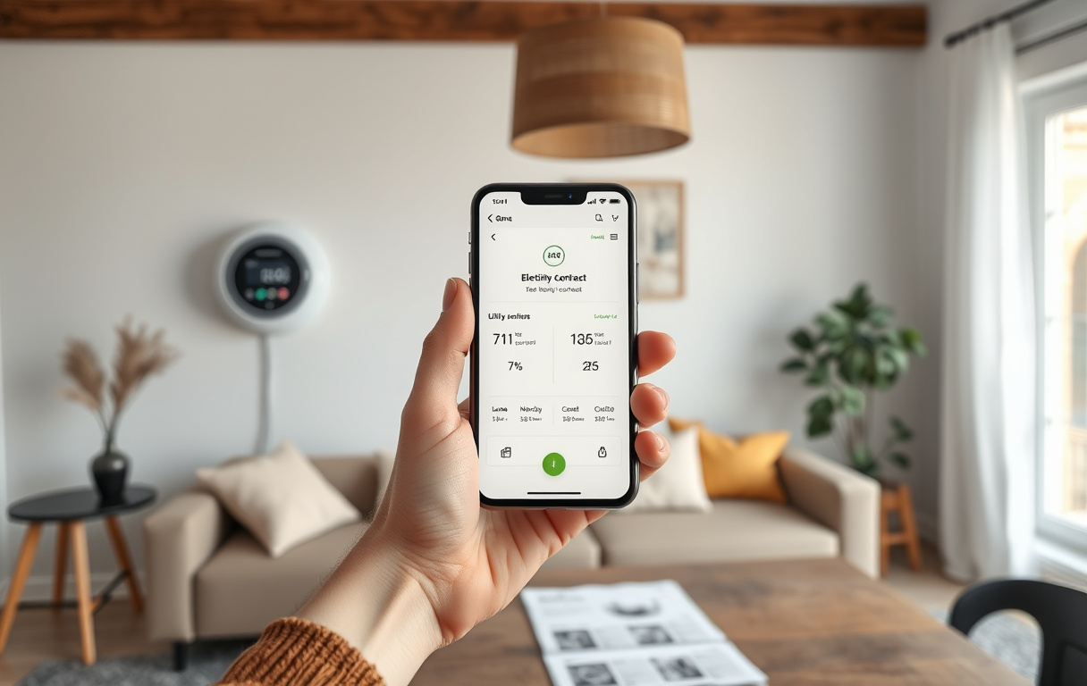 En person i ett modernt hem håller i en smartphone med elavtals-app, vid sidan ligger en elräkning och på väggen sitter en smart elmätare.