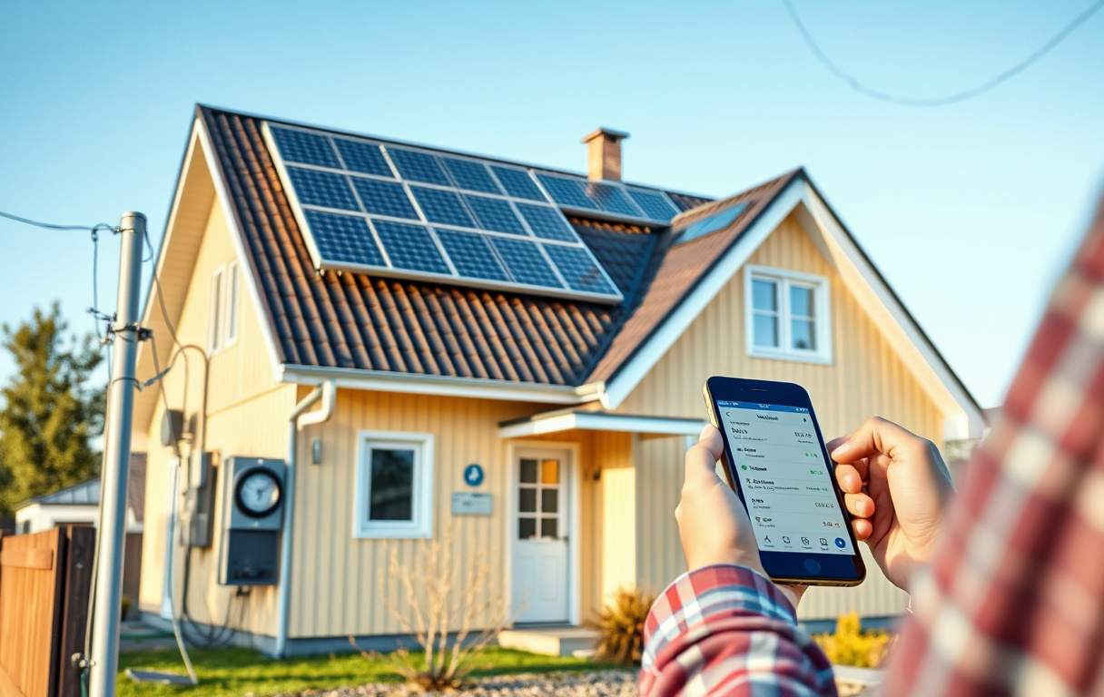 Svenskt hus med elmätare och solpaneler, person använder mobil för att hantera elnätsavtal